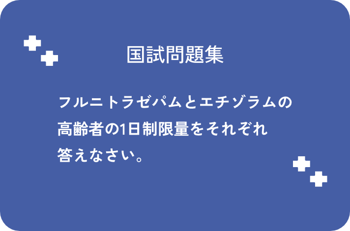 フルニトラゼパムとエチゾラムの高齢者の1日制限量をそれぞれ答えなさい。_サムネイル画像