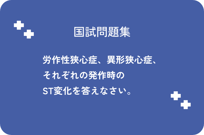 労作性狭心症、異形狭心症、それぞれの発作時のST変化を答えなさい。_サムネイル画像